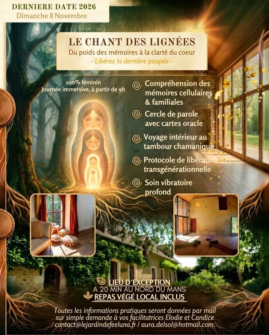 spiritual workshop flyer with glowing nested dolls and event details in a forest setting
