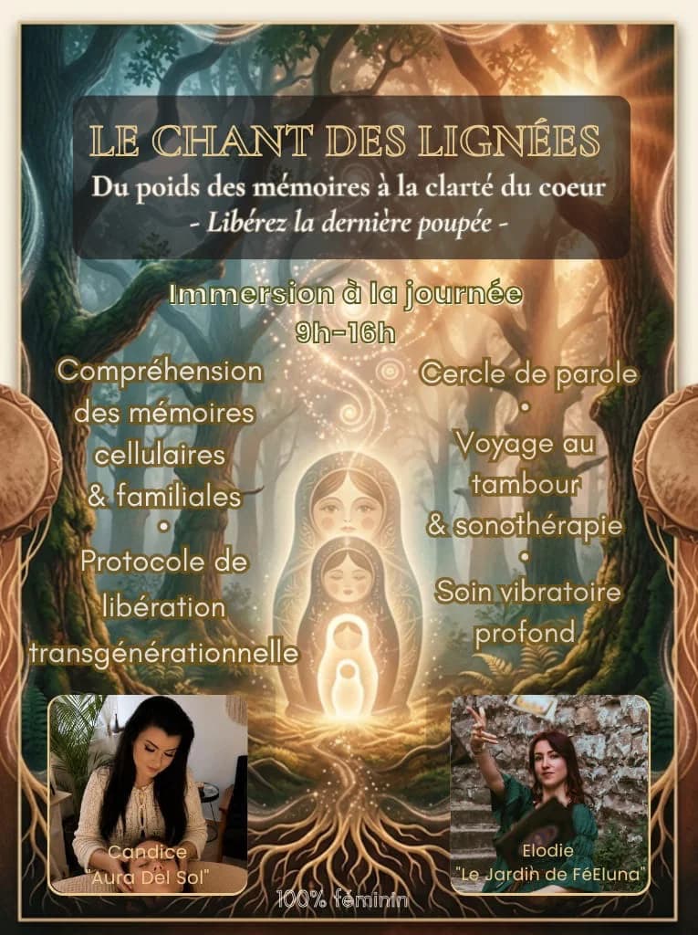 spiritual workshop poster with nested matryoshka dolls and details about memory and vibrational healing session