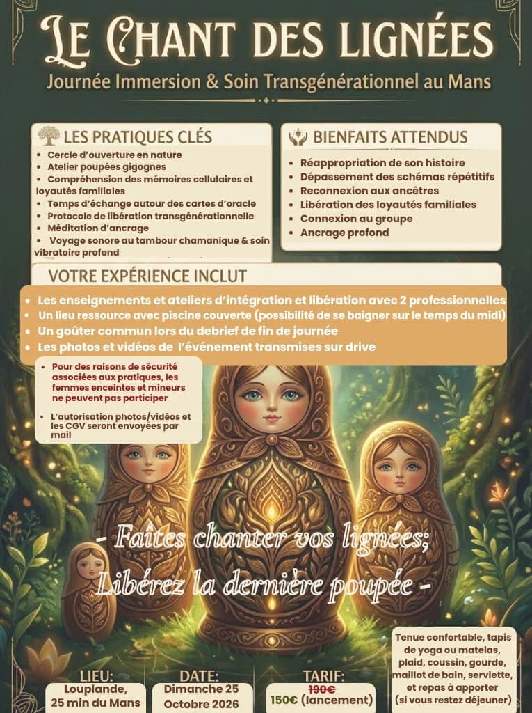 set of four ornate nesting dolls with glowing light inside in a forest setting representing transgenerational healing workshop
